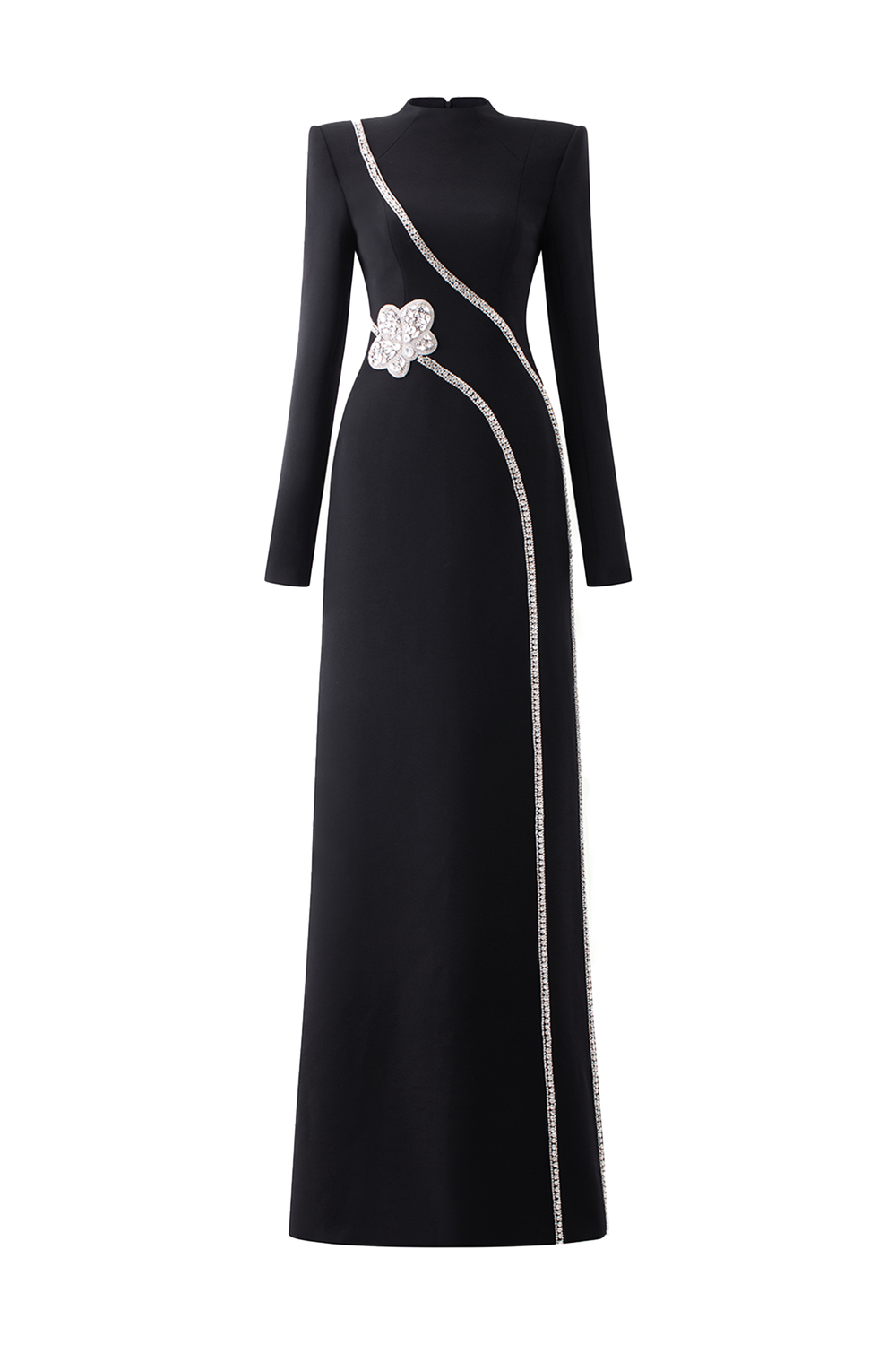 Stone Embellished Padded Shoulder Dress - TRACY COUTURE